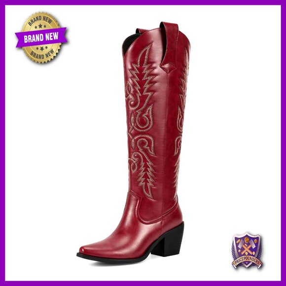 Pointed Toe Knee High Cowboy Boots Western Vintage Embroidery Chunky Heel